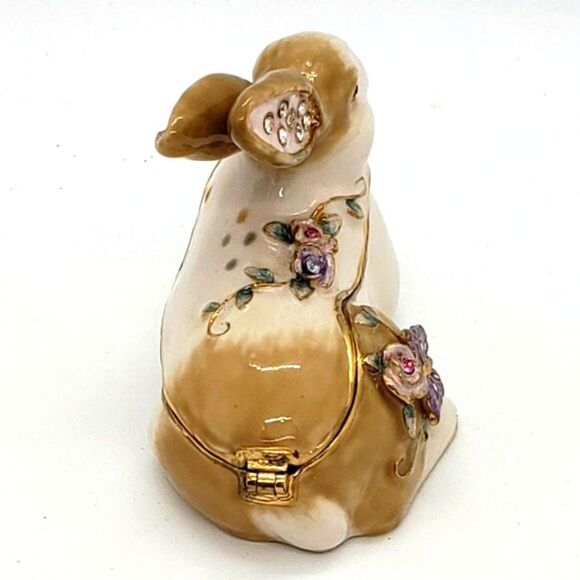 Enamel Vintage Floral Butterfly Bejeweled Rabbit Hinged Trinket Box - Picture 3 of 10